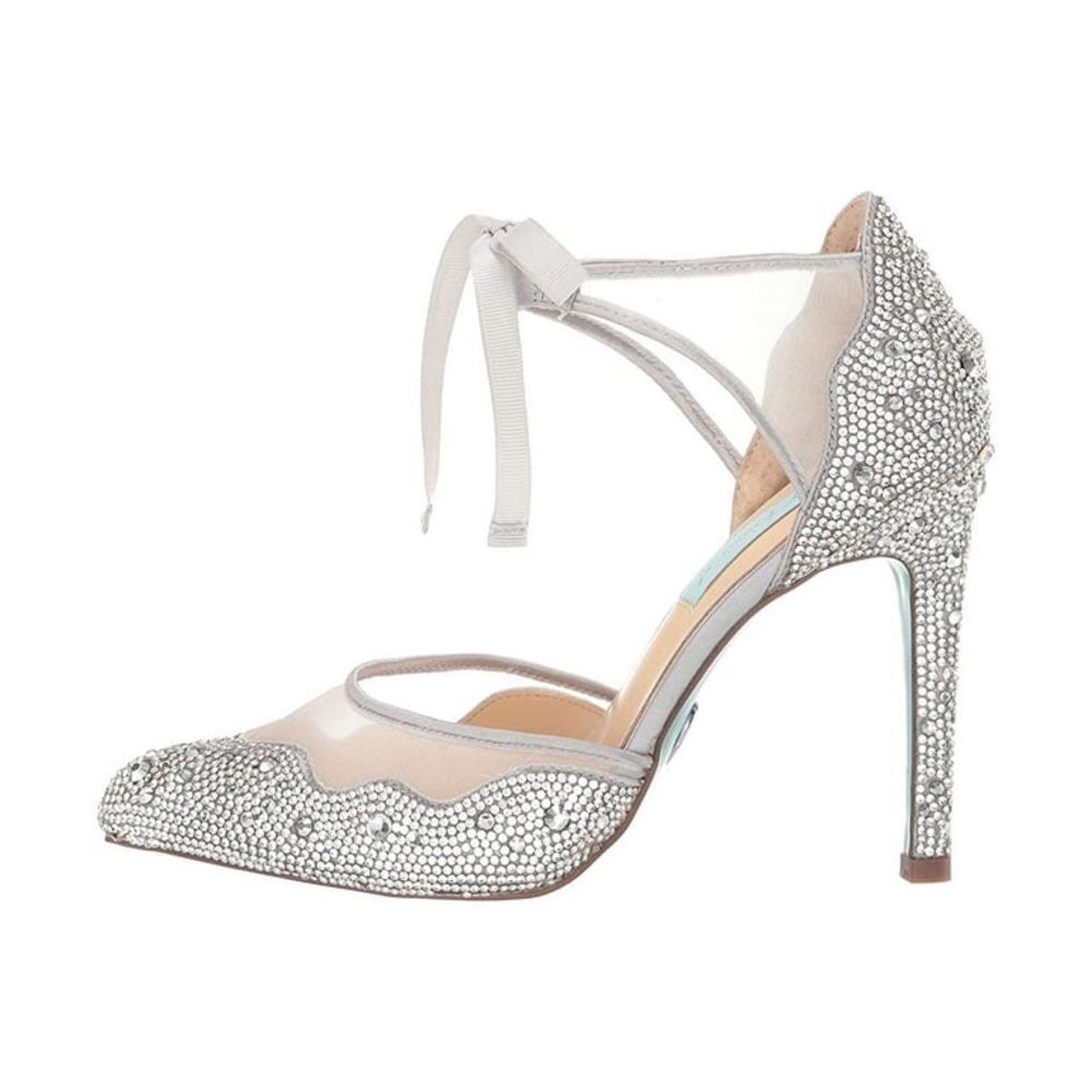 Betsey Johnson New Iris Silver Rhinestone Ankle Strap Stiletto Heels Pumps Bride - Picture 3 of 13